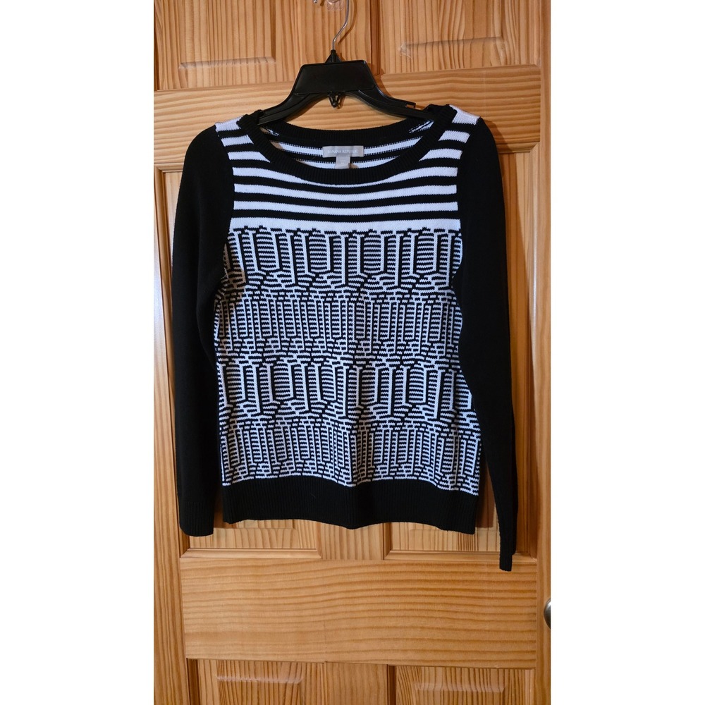 Banana Republic Intarsia Boatneck Sweater Black White Striped Geometric Petite M